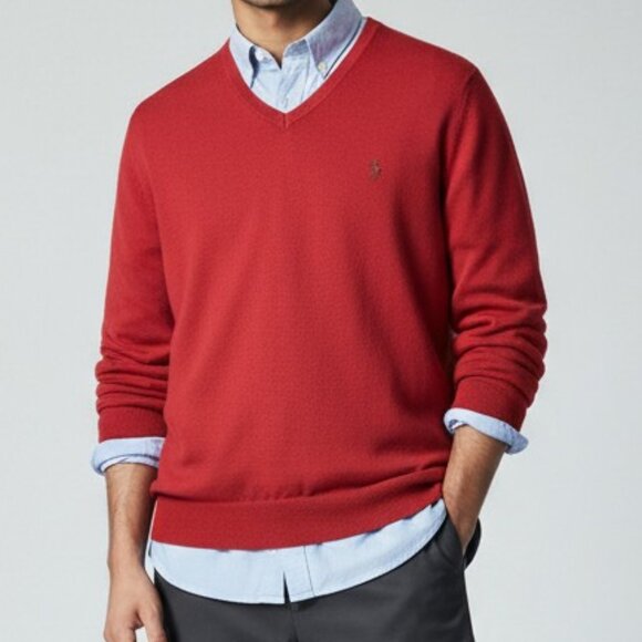 Polo Ralph Lauren Sweater Men‎ XL Washable Merino Wool Red V Neck Pullover Pony - Picture 1 of 7